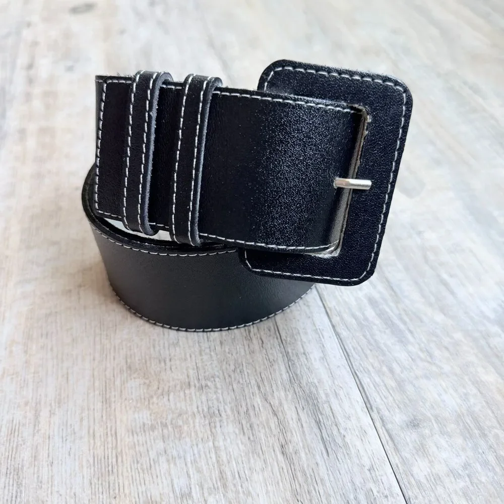 Vintage Wide Black Leather Belt Square Covered Buckle Size 30 Minimalist